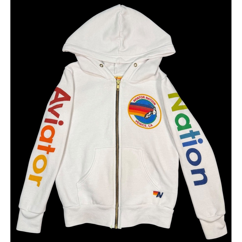 Aviator Nation Kids Hoodie Youth Sweatshirt Full Zip White USA Made Size 4